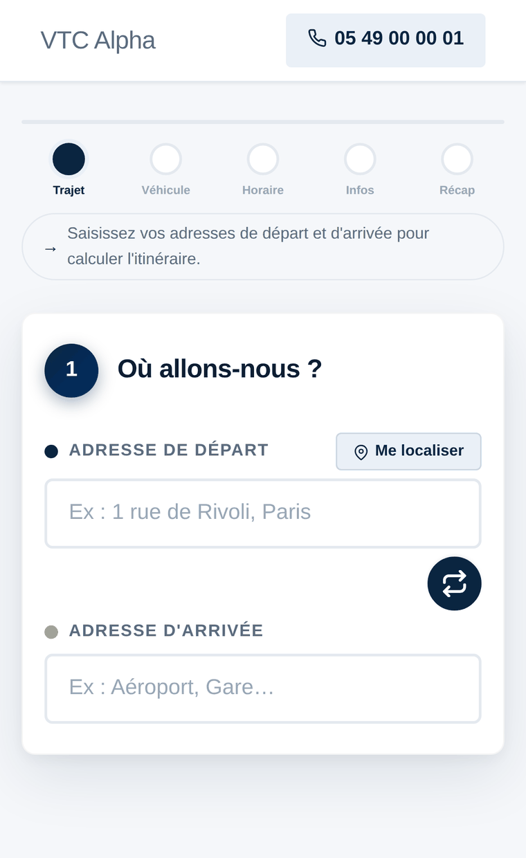 La page de réservation publique d'un compte OSChauffeur, vue sur téléphone